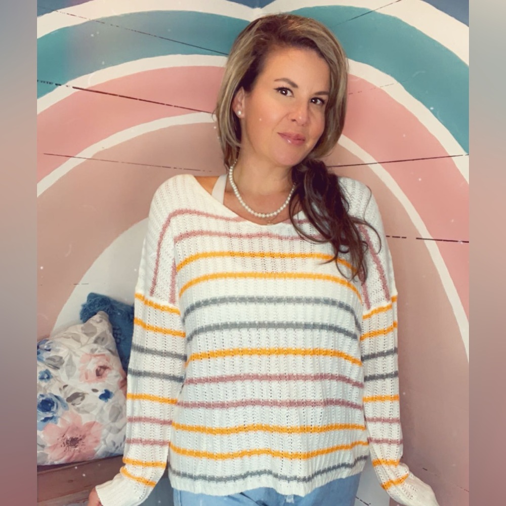 Boutique Brand V Neck Open Back Drop Shoulder Striped Knit Light Weight Sweater